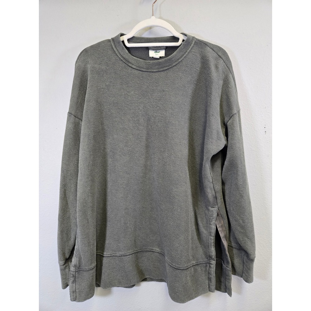 Aerie Oversized Waffle Knit Side Slit Crewneck Sweatshirt Olive Green XS